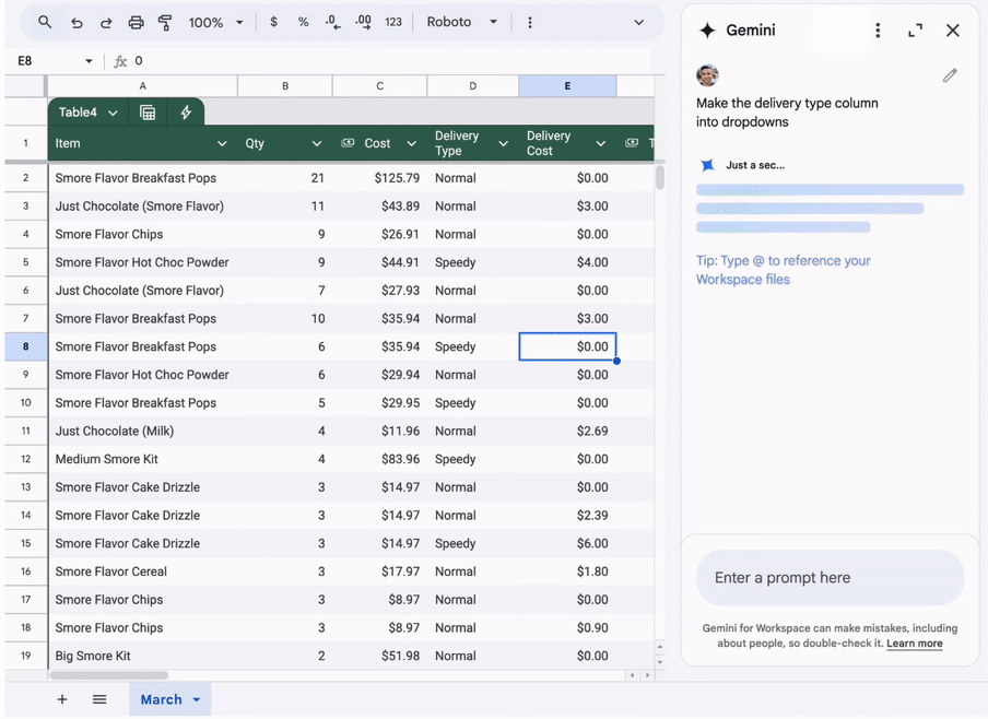 Google Sheets avec Gemini transformant une colonne en menus déroulants