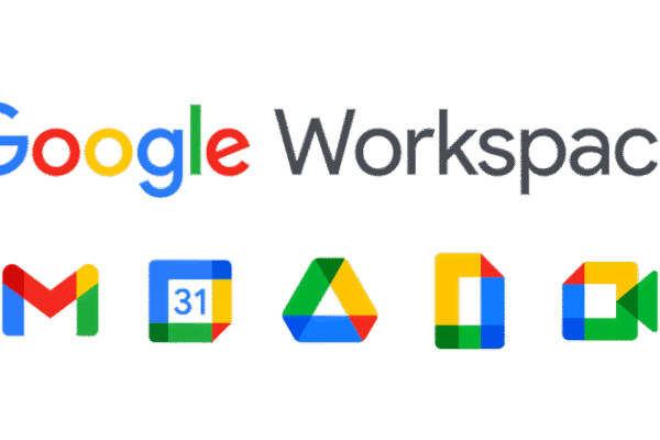 Logo Google Workspace avec icônes de Gmail, Drive, Docs, Meet...