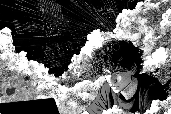 Jeune programmeur plongé dans le code et les nuages numériques