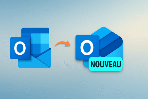 Nouvel Outlook 365 : Ce Qui Change Réellement en 2025 Ancien logo de Microsoft Outlook à gauche, flèche orange pointant vers la droite indiquant une transition, et nouveau logo de Microsoft Outlook à droite avec une étiquette turquoise marquée "NOUVEAU".