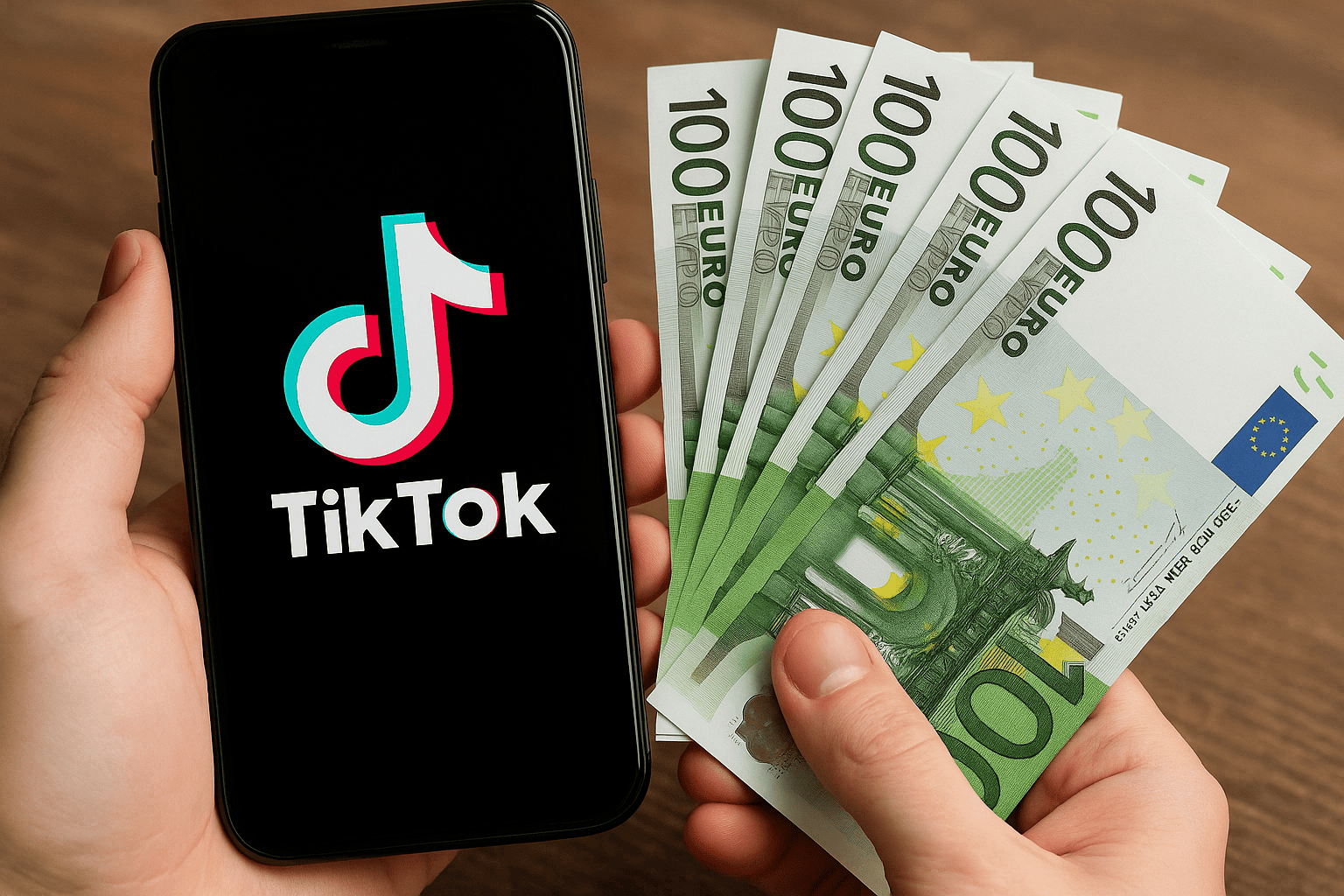 Main tenant un téléphone TikTok et des billets de 100 euros.