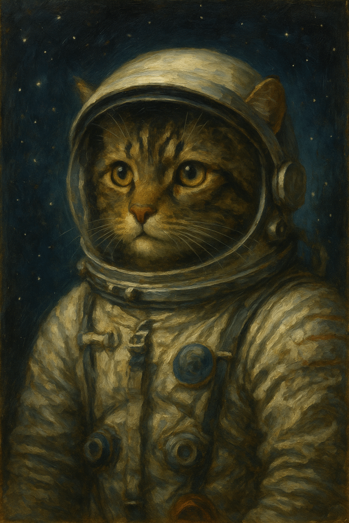 Chat dans une combinaison spatiale, flottant dans l’espace.